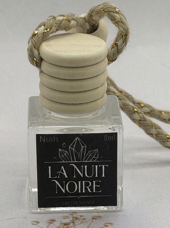 La Nuit Noire handmade car hanging air freshener by Niah Naturals — deep luxurious dark scent