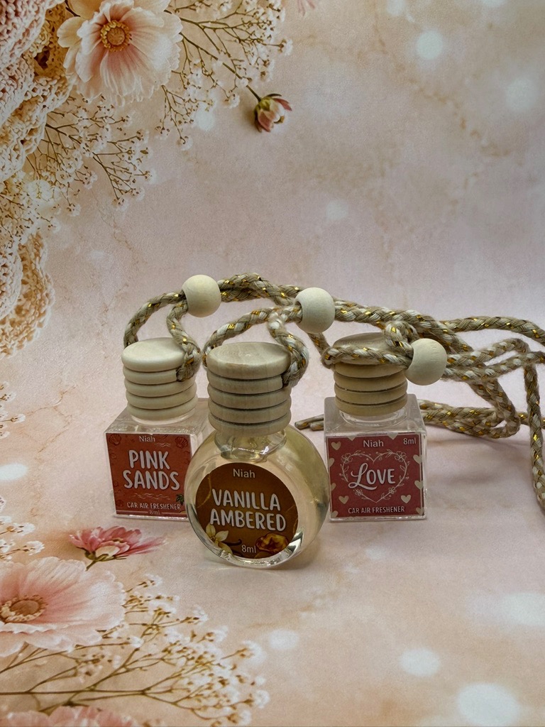 Pink Sands, Vanilla Ambered, and Love car hanging air freshener trio bundle by Niah Naturals
